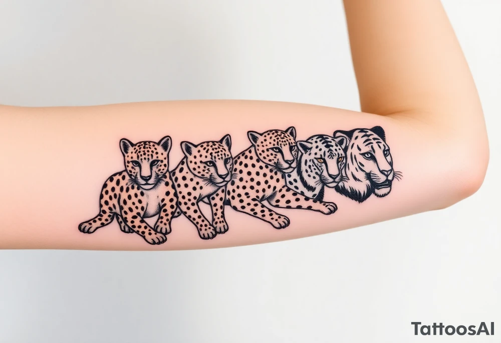 old school style montage of these 5 big cats:
a leopard , a cheetah , a jaguar, a black panther and a lion - as a wrap around bracelet style - about 3 inches each cat - on my upper right arm right above the elbow tattoo idea