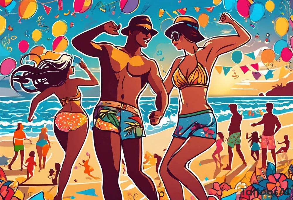 1960'S BEACH DANCE PARTY 
party, include confetti, music notes, 
, bikinis sunset in the center tattoo idea