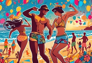 1960'S BEACH DANCE PARTY 
party, include confetti, music notes, 
, bikinis sunset in the center tattoo idea