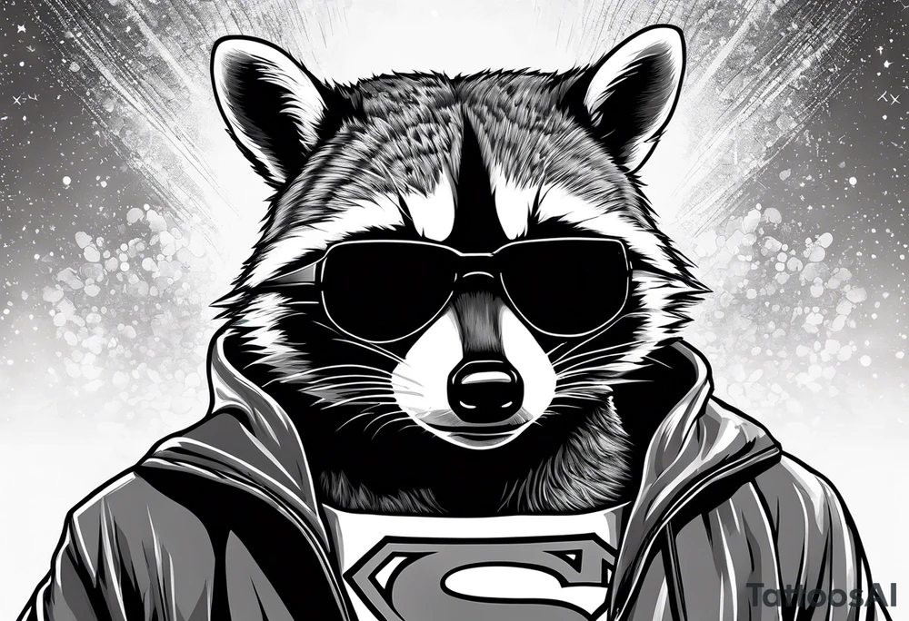 raccoon wearing a Superman hoodie with classic Superman logo tattoo idea