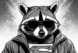 raccoon wearing a Superman hoodie with classic Superman logo tattoo idea