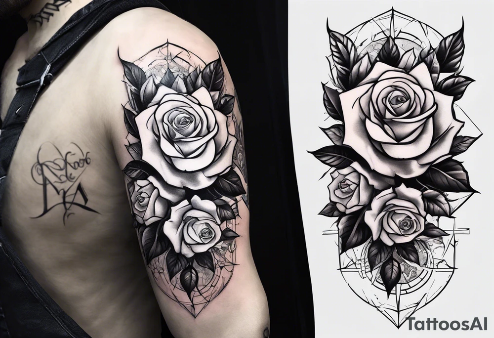 tattoo fool sleeve, old broken gothic home, broken sword, roses tattoo idea