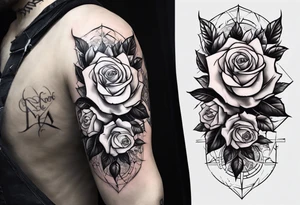tattoo fool sleeve, old broken gothic home, broken sword, roses tattoo idea