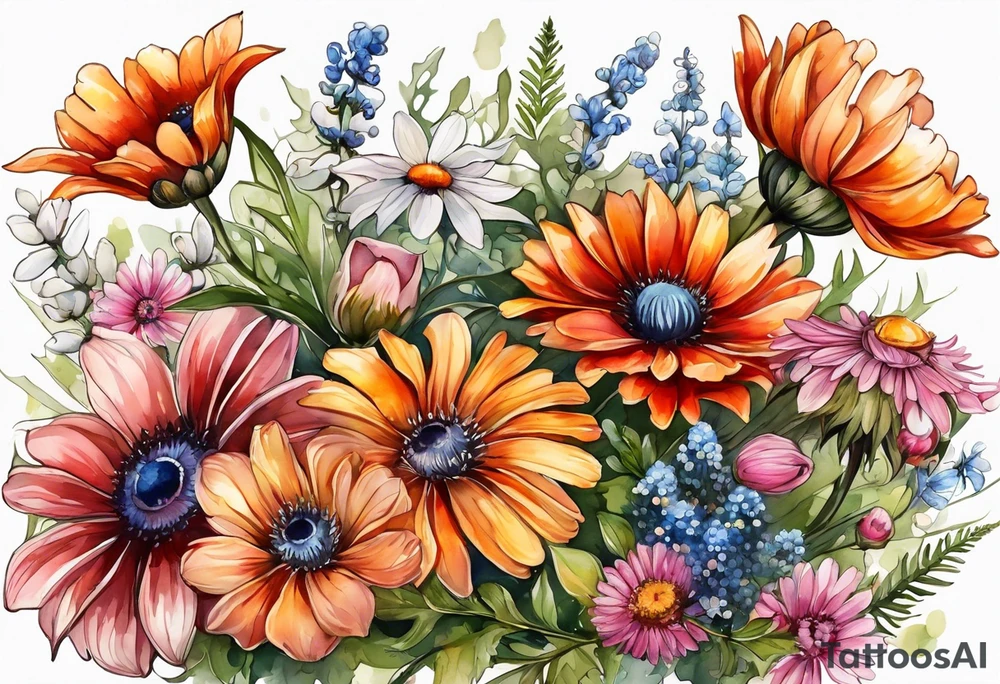 wildflowers cascading with thistles, ferns, white anemones, sun flowers, orange flowers, pink flowers, red flowers, babys breath and daisies all in watercolor tattoo idea