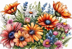 wildflowers cascading with thistles, ferns, white anemones, sun flowers, orange flowers, pink flowers, red flowers, babys breath and daisies all in watercolor tattoo idea