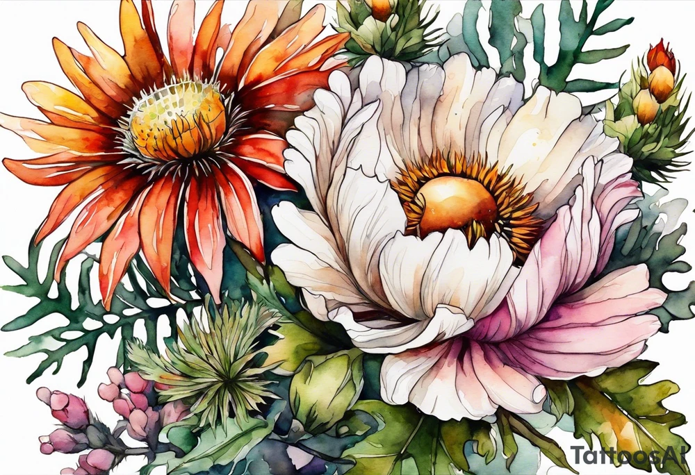 wildflowers with thistles, ferns, burnt orange flower, white flowers, pink flowers, red flowers and yellow flowers all in watercolor tattoo idea