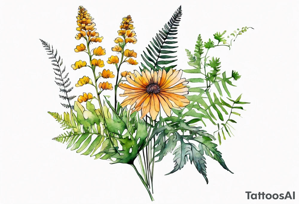 wild flowers long stems bouquet with ferns all watercolor tattoo idea