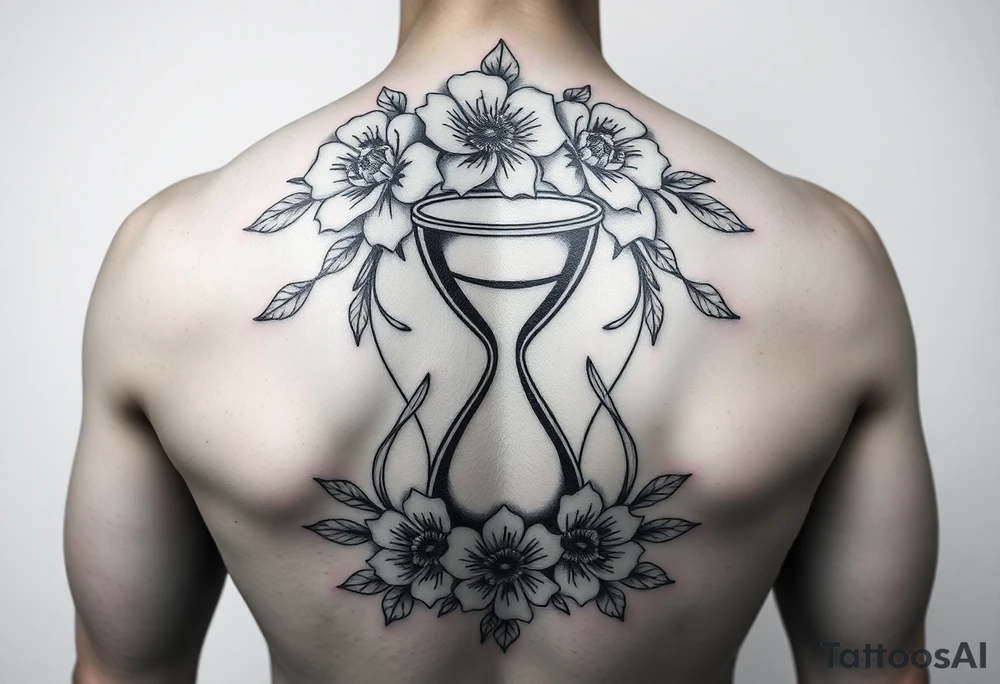 A full back tattoo with soft florals at the top. In the middle, there’s an hourglass. And below it is soft, florals, connecting to the flowers at the top. 
Include sexy lines that curve with the back tattoo idea
