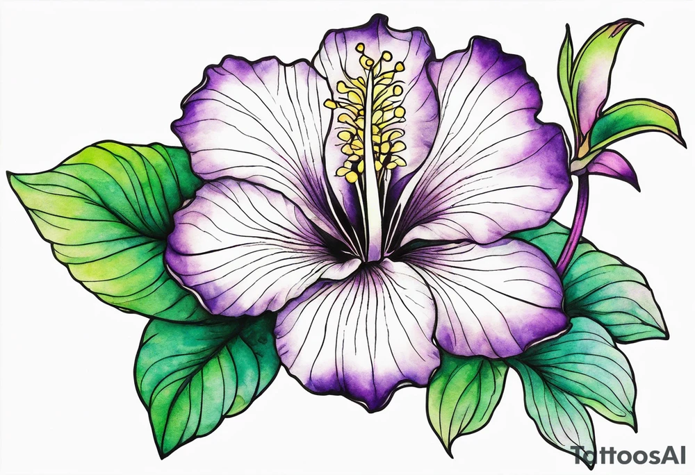 An outline of a rio dipladenia flower with a green and purple watercolor sky in the background tattoo idea