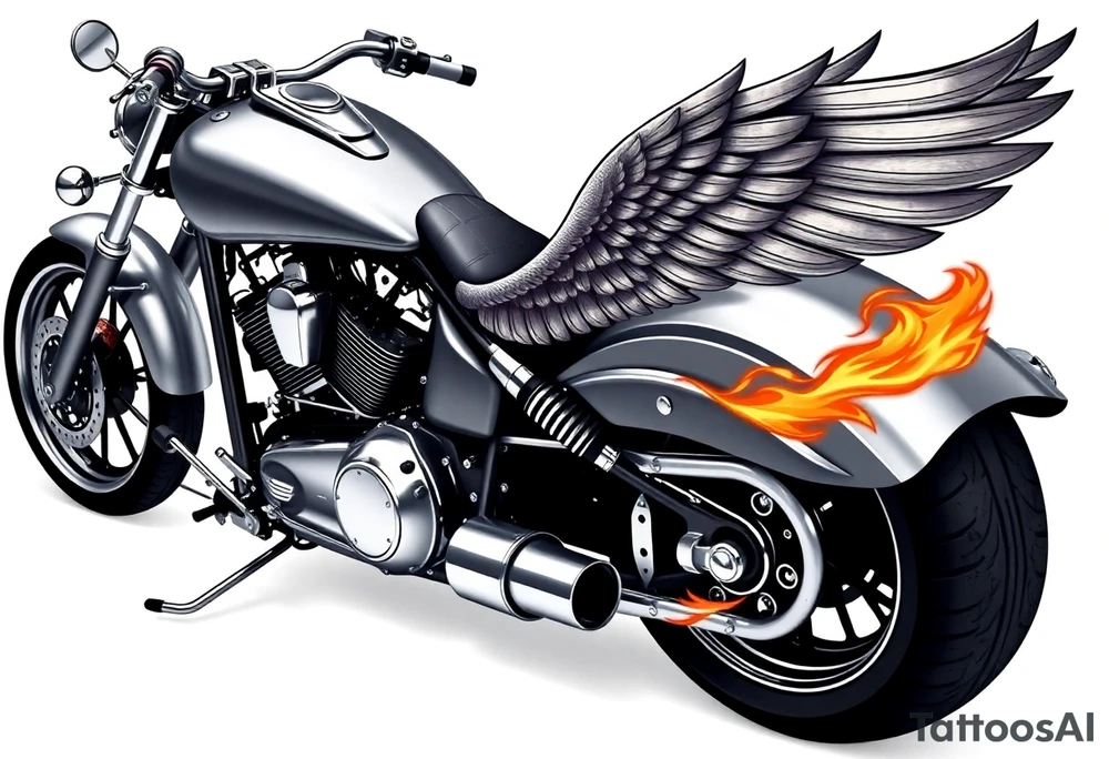 Low rider grey motorcycle, big muffler pipes with flames, angel wings tattoo idea