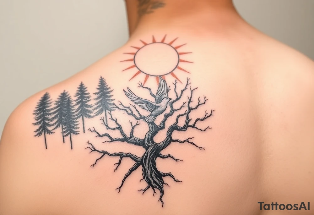 "A tattoo design featuring sun rays  clearly radiating from the top of the shoulder, with a serene forest scene in the background. Incorporate a prominent 'poison tree' design, featuring twisted and gnarled branches, symbolizing duality or mystery. Add a white dove in flight in the foreground, positioned slightly above or near the tree, symbolizing peace and hope. The overall design should have a balance of contrast and shading, blending realism with a slightly surreal artistic style." MAKE SURE THE TATOO IS ON THE SHOULDER tattoo idea