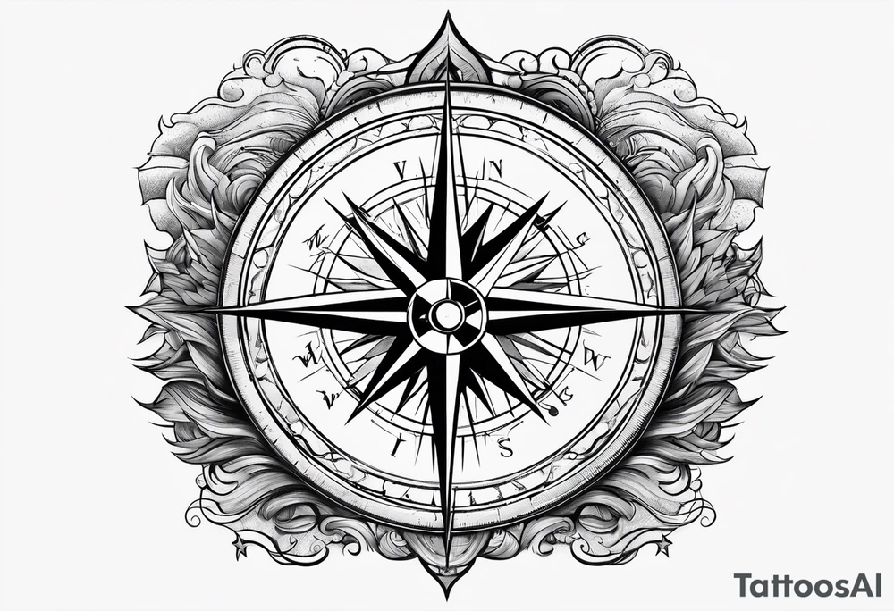 compass surrounded by stars and 
 ocean waves tattoo idea