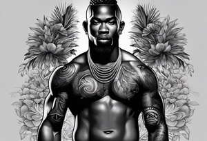 homem guerreiro Ogun africano realista de corpo inteiro em preto e cinza com fudo savana tattoo idea
