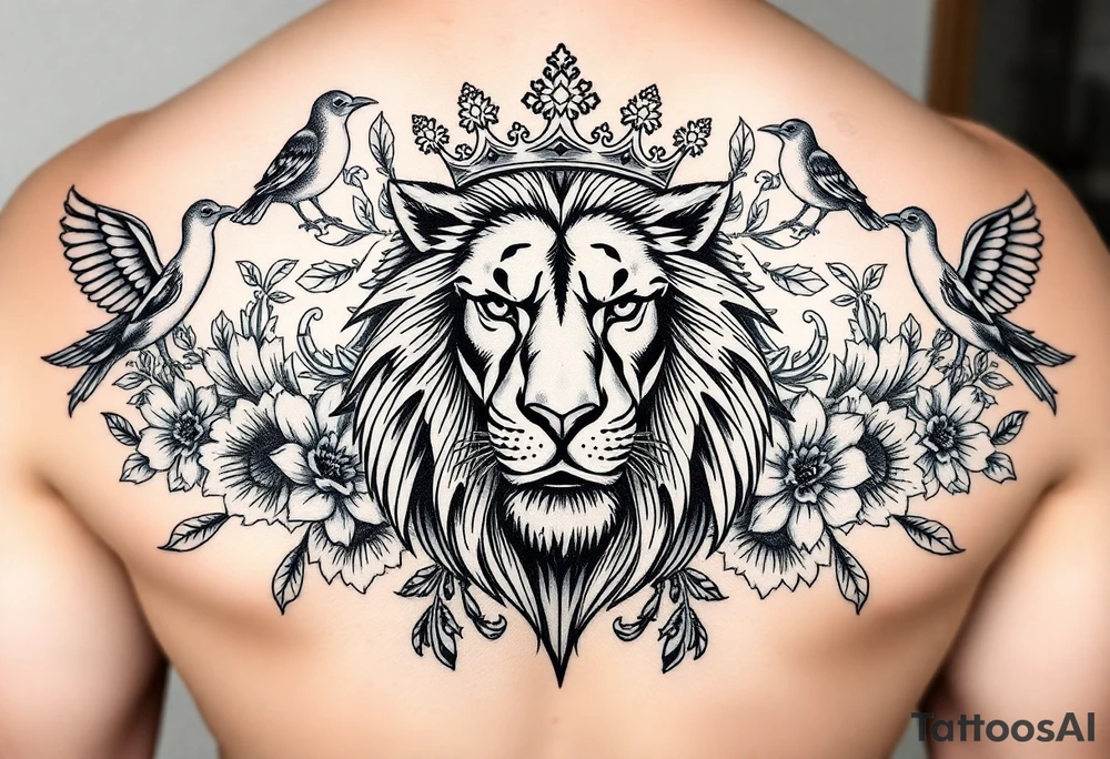 powerful majestic lion with a crown, surrounded by floral ornaments and birds tattoo idea