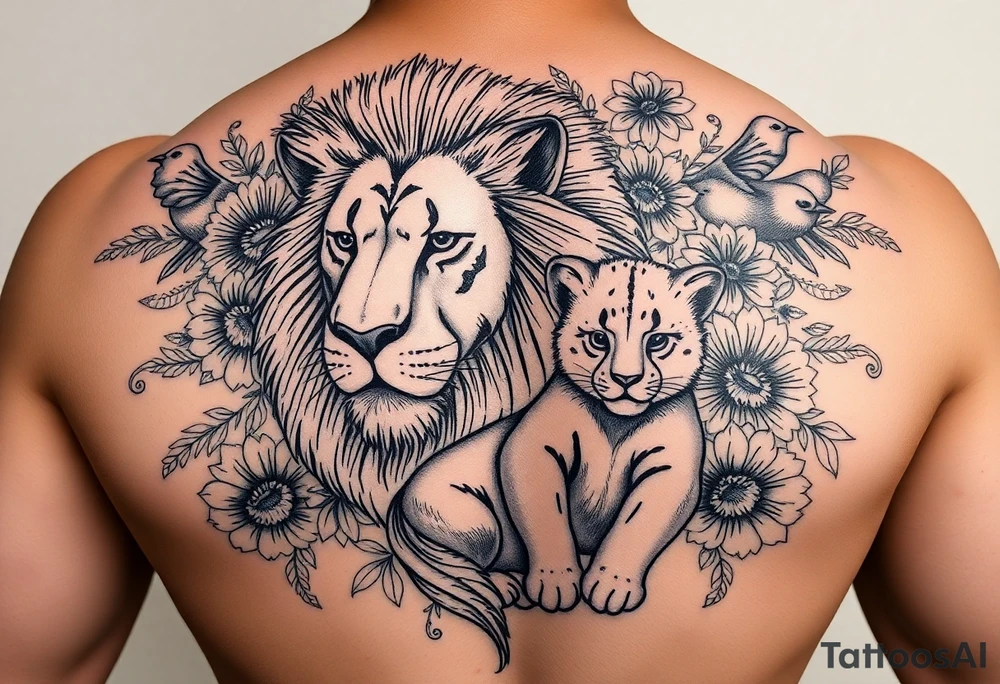 powerful majestic lion and cub, surrounded by floral ornaments and birds tattoo idea