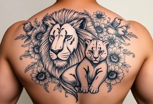 powerful majestic lion and cub, surrounded by floral ornaments and birds tattoo idea