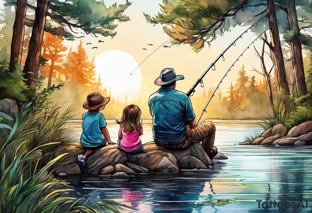 Father and young son and daughter fishing from the bank with trees and wilderness surrounding them. tattoo idea