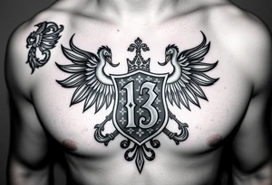 powerful majestic Irish family crest with the number 13, the toledo mud hens, demonic and midevel features incorporated into a intricate chest tattoo on a man tattoo idea