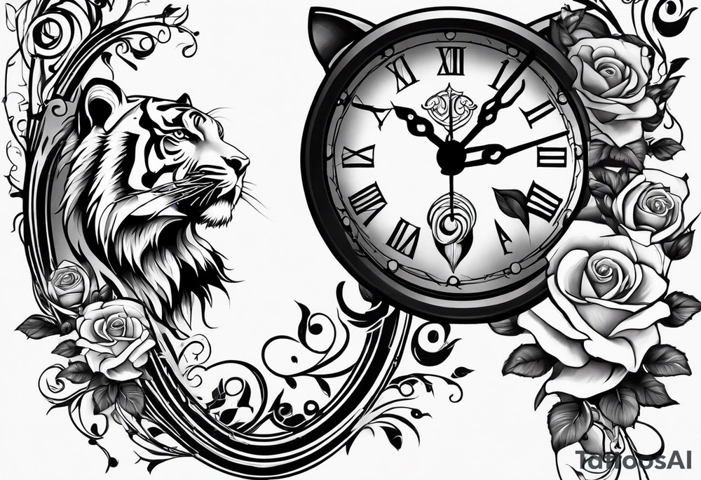 Clock and tiger with roses and vines on forearm tattoo idea