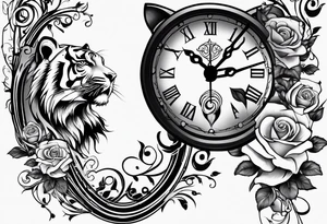 Clock and tiger with roses and vines on forearm tattoo idea