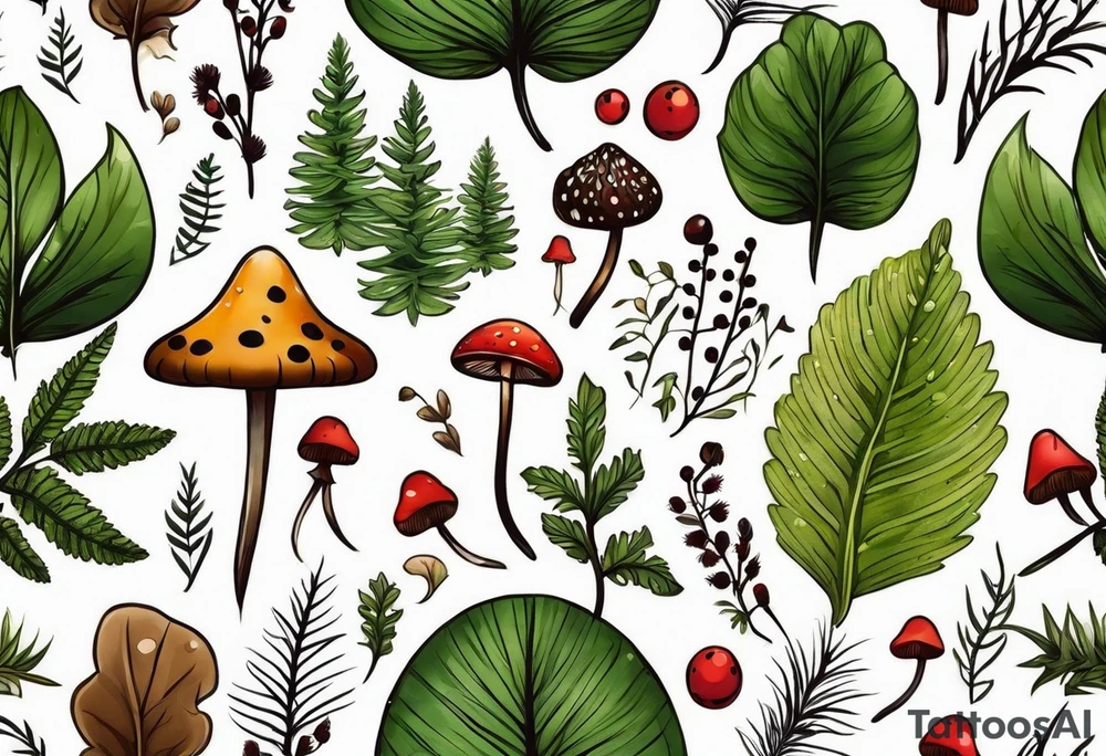 minimalistic forest floor inspired tattoo, which includes grass, moss, curly ferns and dead leaves as the bulk of the tattoo. details to include: forest berries, couple of very small brown mushrooms, a tiny bumblebee flying nearby tattoo idea