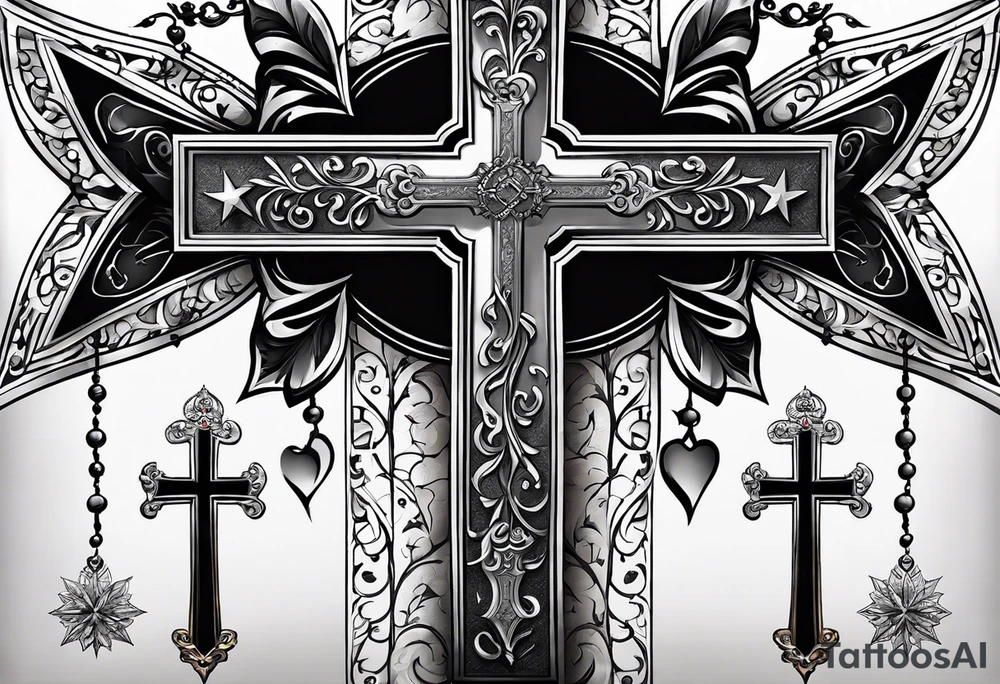 A cross under that is a scroll with my family’s names on it and put some stars around it tattoo idea