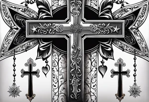 A cross under that is a scroll with my family’s names on it and put some stars around it tattoo idea