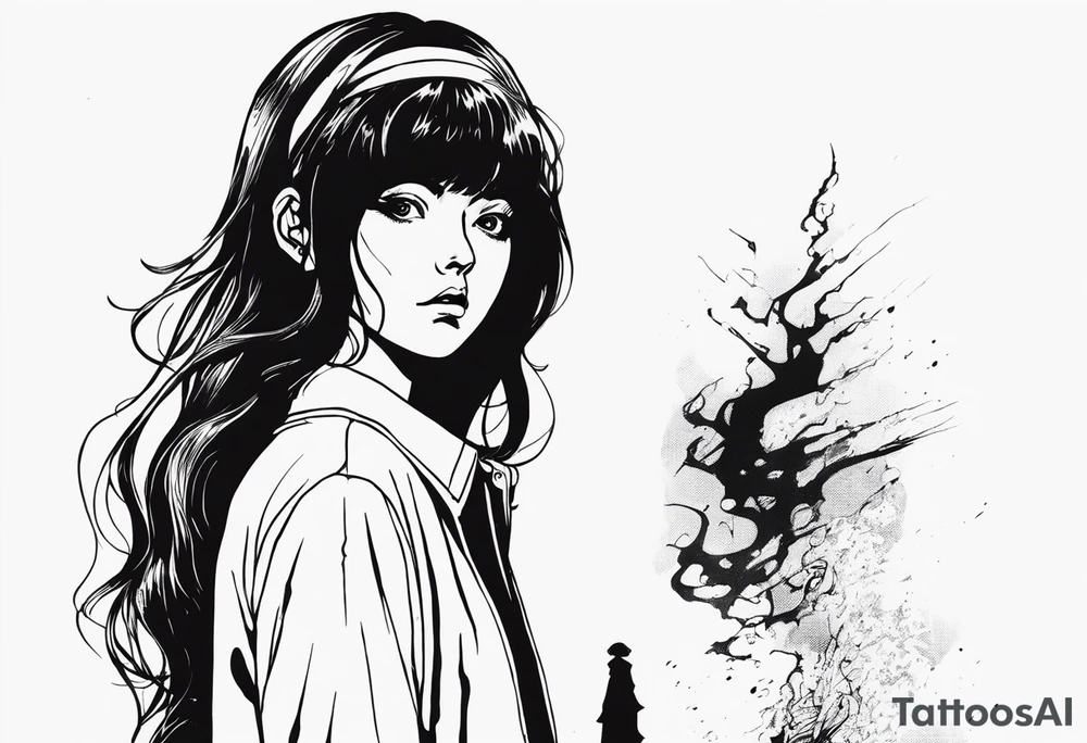 portrait of tomie standing up a character by the horror manga author junji ito full body standing menacingly. add more horror and gore elements tattoo idea