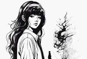 portrait of tomie standing up a character by the horror manga author junji ito full body standing menacingly. add more horror and gore elements tattoo idea