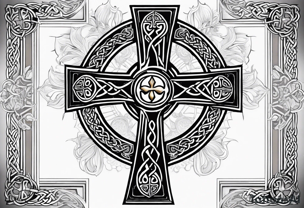 Celtic cross, shamrock in center, one Indian feather hanging from each side arm of cross tattoo idea