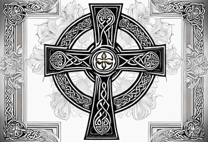 Celtic cross, shamrock in center, one Indian feather hanging from each side arm of cross tattoo idea