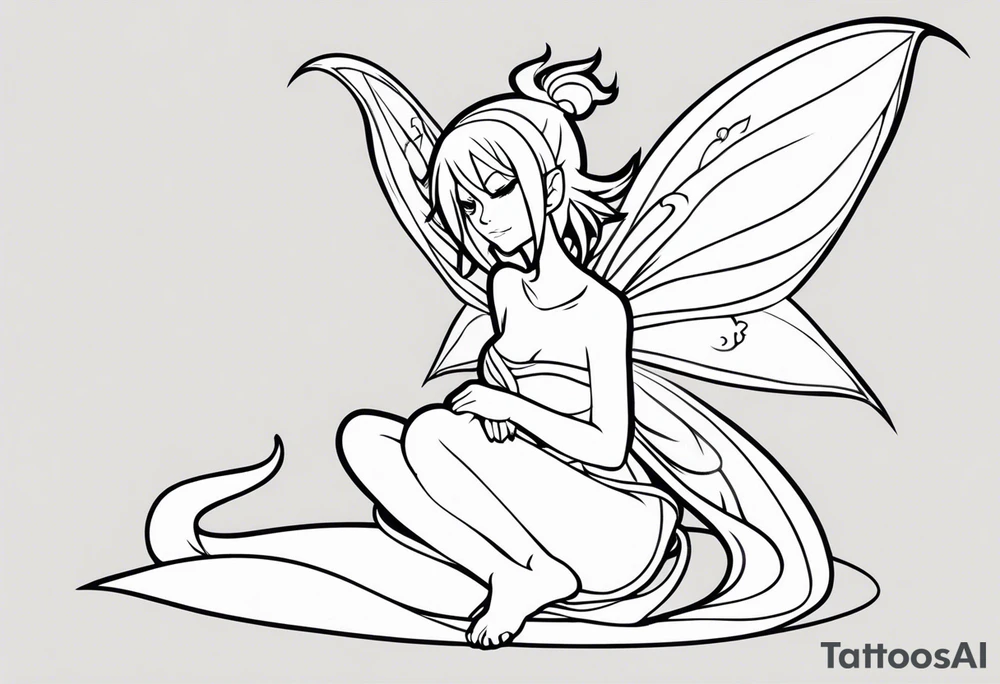 A fairy with a tail inspired by the logo of the show called Fairy Tail in a fetal position leaning in tattoo idea