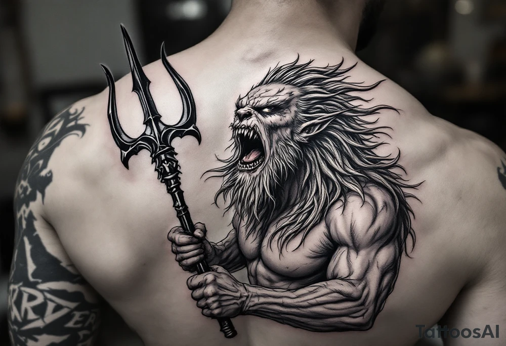 screaming poseidon, behind a trident, looking at the sky tattoo idea