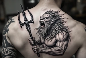 screaming poseidon, behind a trident, looking at the sky tattoo idea