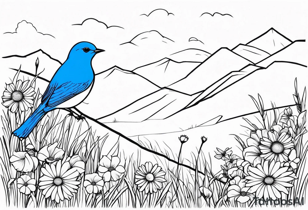 Small blue bird in field of grass and daisys Mountain View in distance tattoo idea