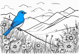 Small blue bird in field of grass and daisys Mountain View in distance tattoo idea