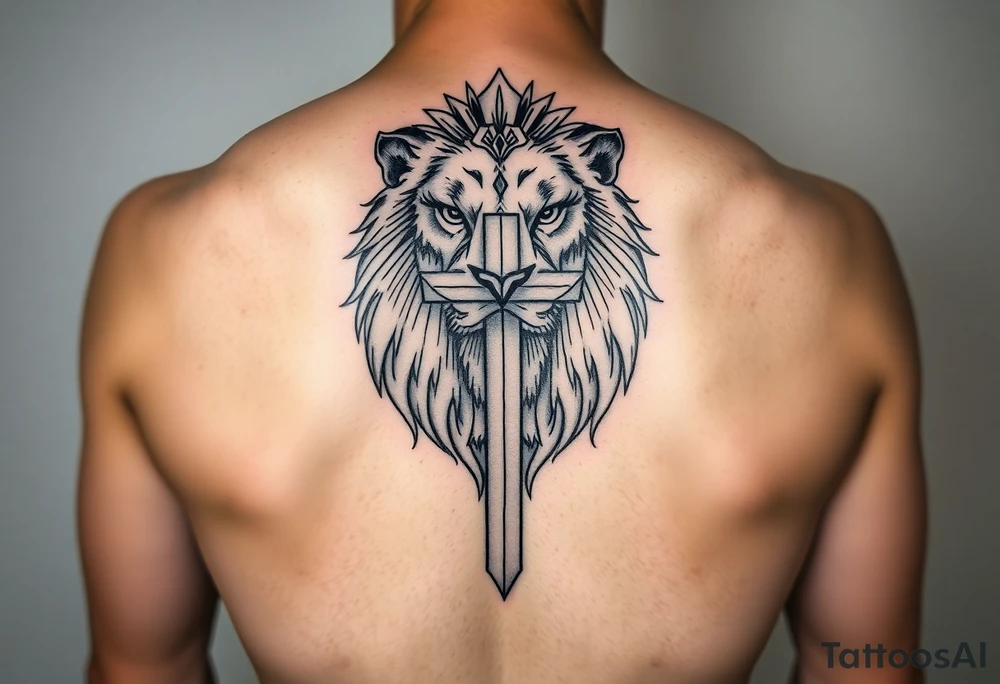 powerful majestic lion with a cross - biblically tattoo idea