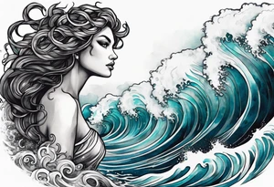 stormy sea waves, a woman in the middle of a storm, Medusa the Gorgon tattoo idea