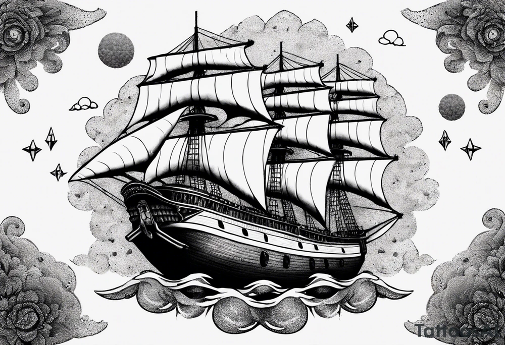 Air ship with tattered sails flying through a storm tattoo idea