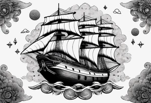 Air ship with tattered sails flying through a storm tattoo idea