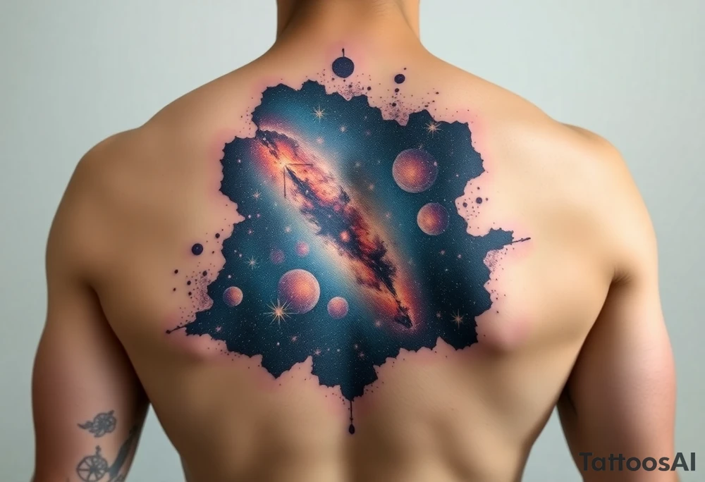 Beautiful and epic 3d milky way that appears to be what is beneath the skin. Make it drape over the shoulder and move to the middle back. use negative spaces to create stars and dust. Keep it symmetrical and focus on the beauty of space tattoo idea