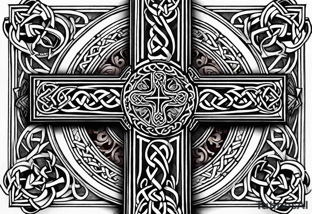 Celtic cross, shamrock in center of cross, one Indian feather hanging from each side arm of cross tattoo idea