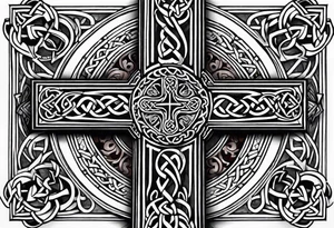 Celtic cross, shamrock in center of cross, one Indian feather hanging from each side arm of cross tattoo idea