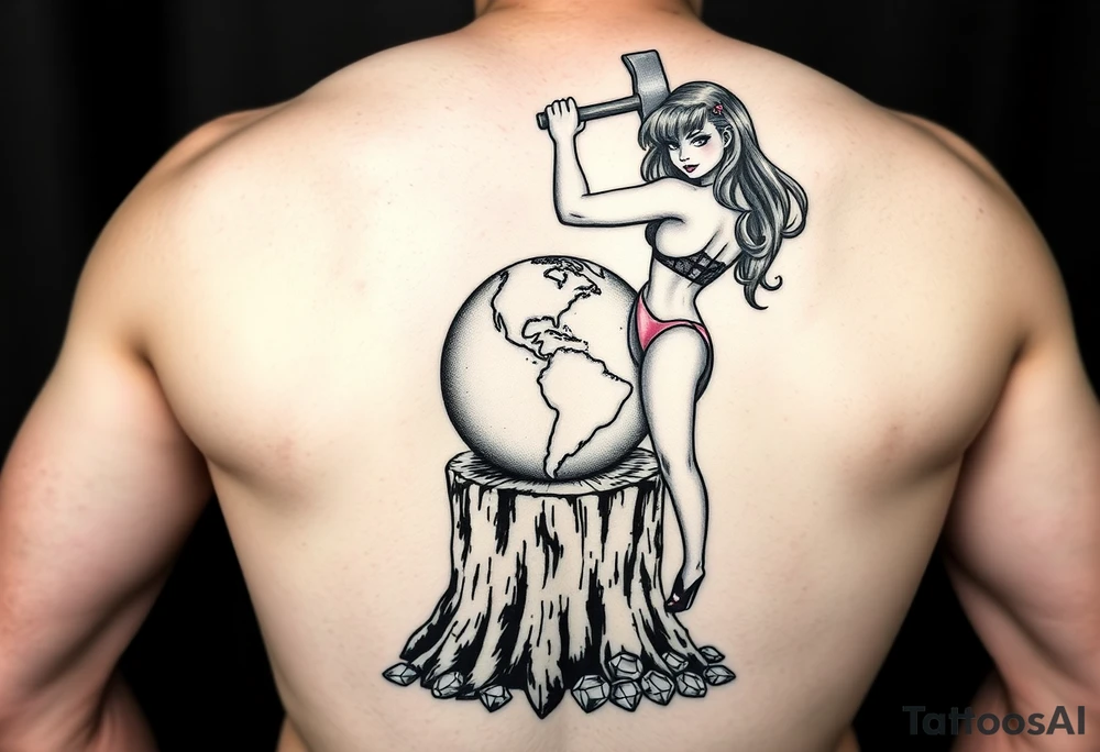 a pin up girl that is naked and has very large breasts wearing a g string thong. the pin up girl is swinging an ax onto a earth globe. the earth globe is being compressed by the axe and is flattened slightly and not round, the earth globe is located on top of a tree stump, there is a pile of diamonds below the tree stump tattoo idea