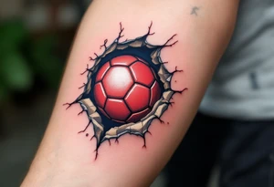 A torn-skin tattoo showing a red soccer ball beneath the skin, emblazoned with the Slavia crest. tattoo idea