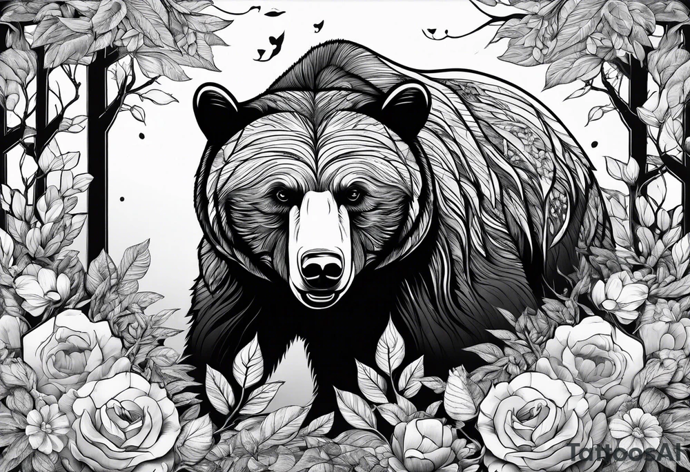 Bear surrounded by trees leaves and flowers tattoo idea