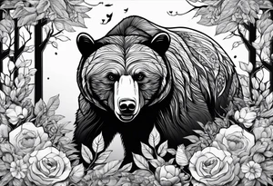 Bear surrounded by trees leaves and flowers tattoo idea