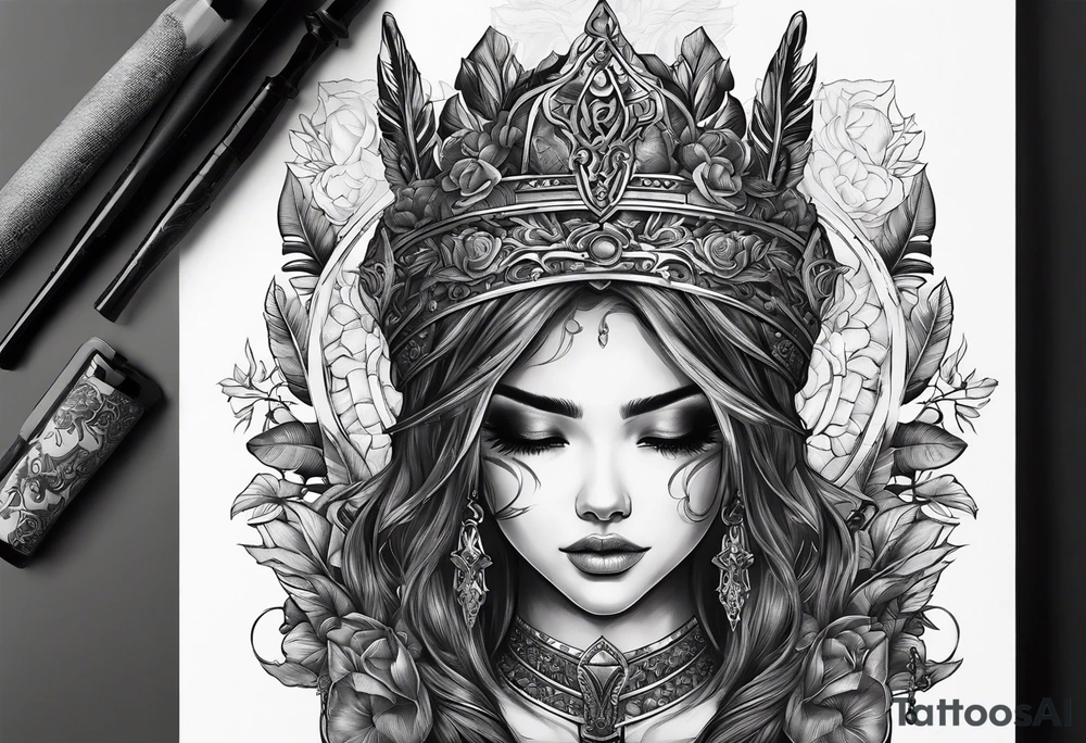 Bind Girl with cover on her eyes with a sword in her hand and in the other hand holds a scale tattoo idea