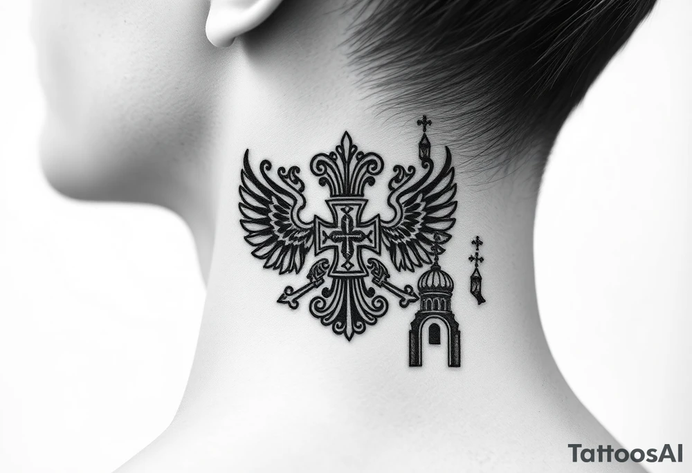 russian coat arms in a russian christian orthodox cross with the cross in the middle with a virgin mary & orthodox dome church on the side of the neck tattoo idea