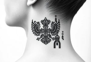 russian coat arms in a russian christian orthodox cross with the cross in the middle with a virgin mary & orthodox dome church on the side of the neck tattoo idea